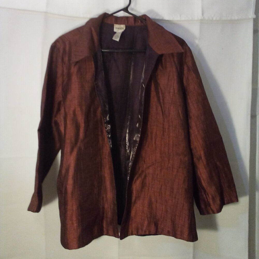 Chico's Open Front Shirt Jacket Women 3 XL 3/4 Sleeve Shimmer Red Black